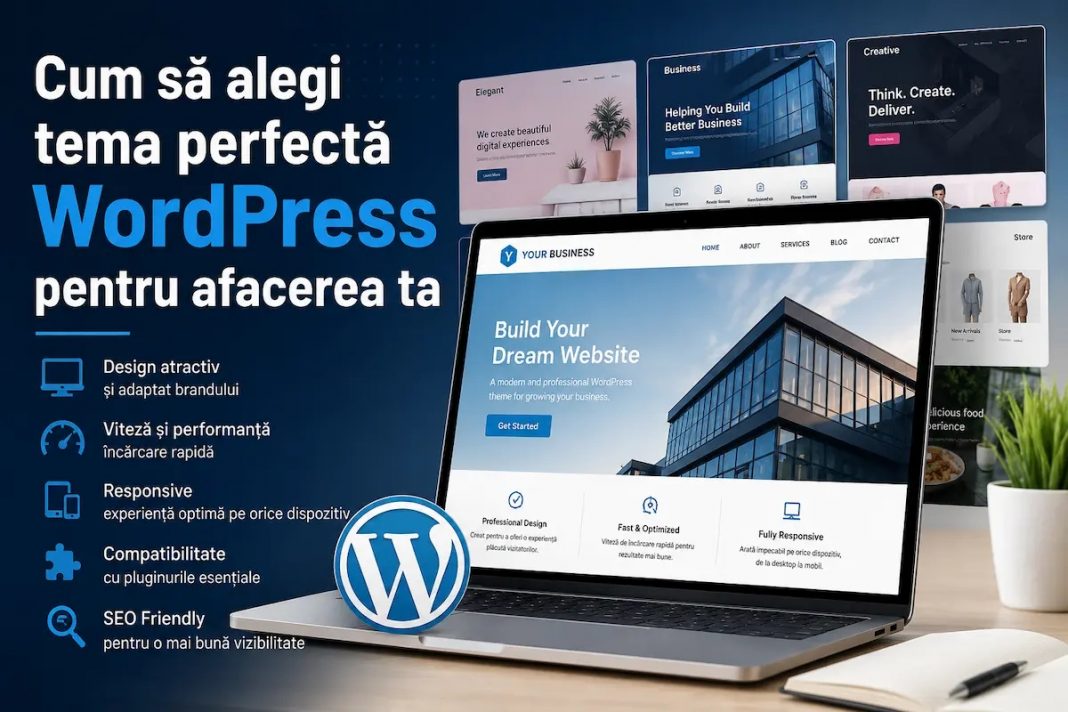 Laptop afișând un website WordPress și mai multe teme WordPress pentru afaceri, evidențiind criterii precum design, viteză, compatibilitate și optimizare SEO.