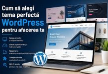 Cum să alegi tema perfectă WordPress pentru afacerea ta Laptop afișând un website WordPress și mai multe teme WordPress pentru afaceri, evidențiind criterii precum design, viteză, compatibilitate și optimizare SEO.